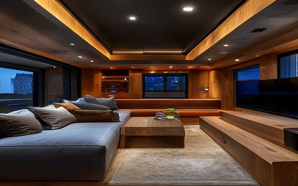 A beautifully finished basement living and media space