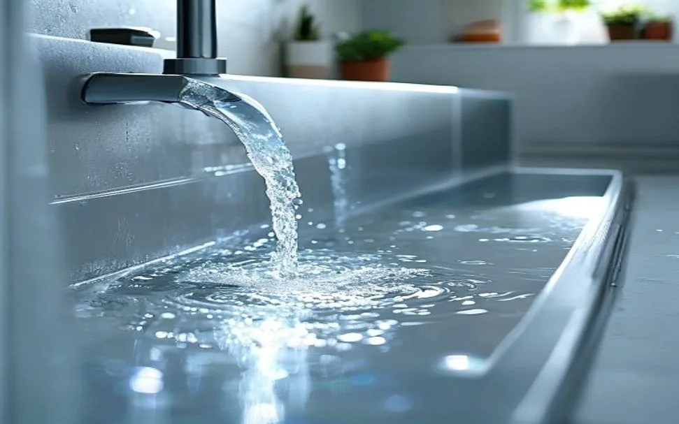 Clean water flowing freely down a spotless sink drain