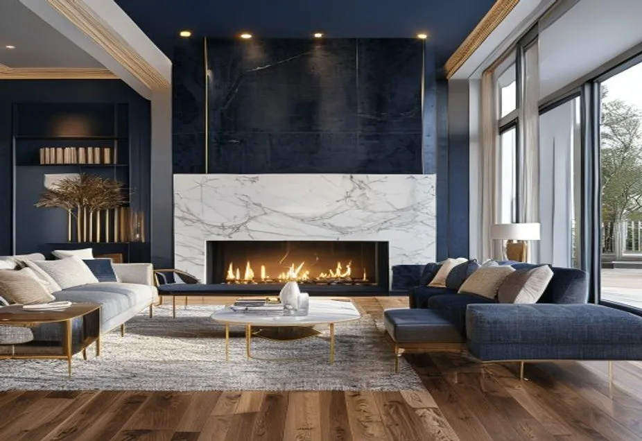 A finished luxury living room with a navy accent wall and marble fireplace