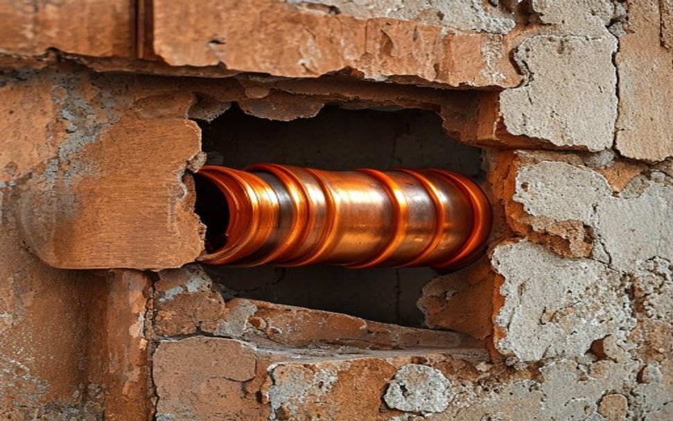 A burst copper pipe repaired with a new coupling