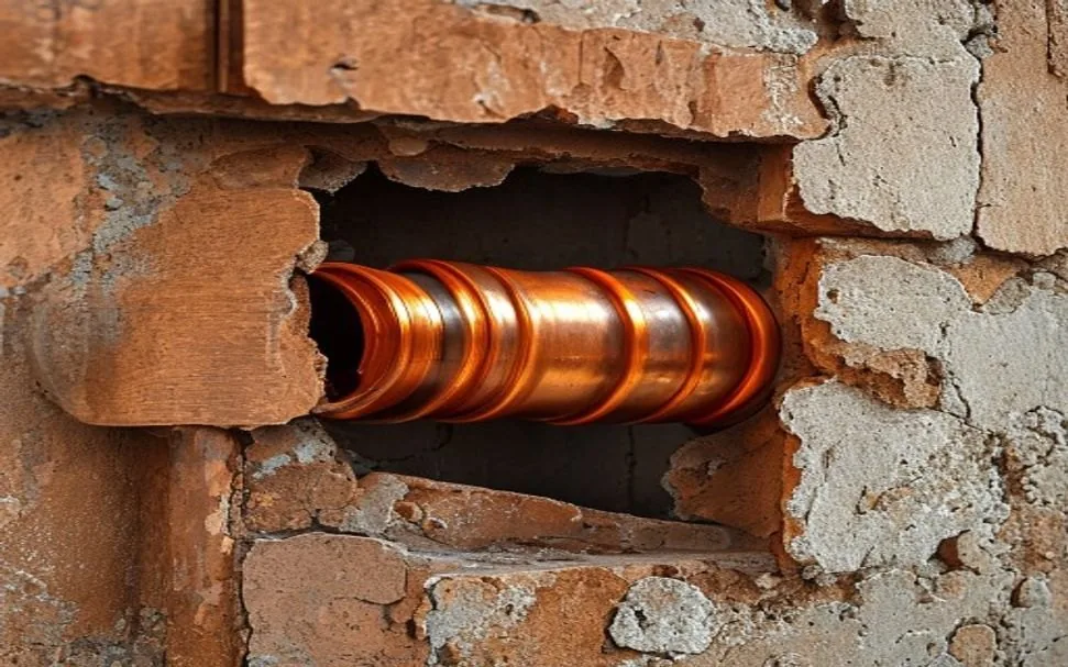 A burst copper pipe repaired with a new coupling