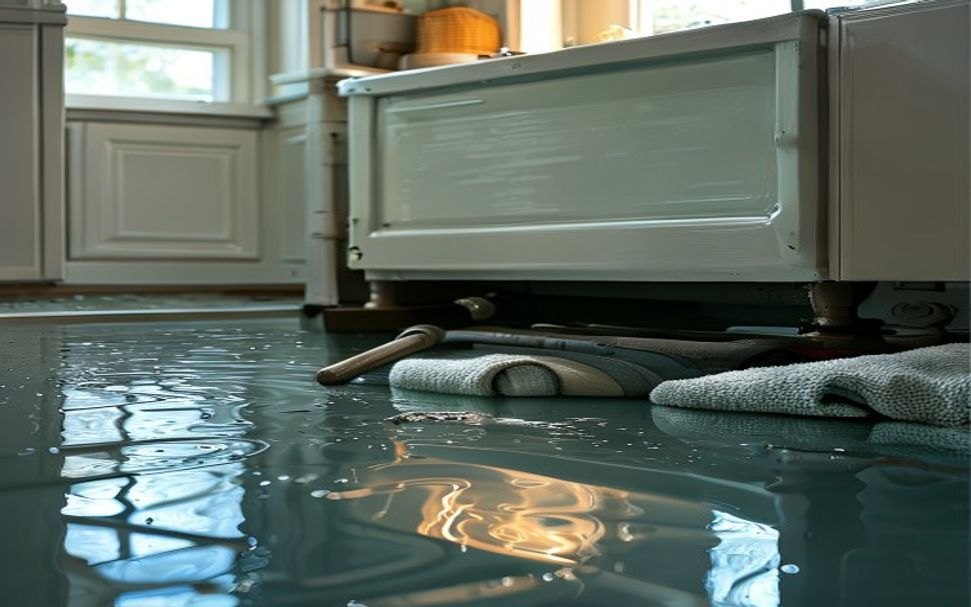 Water across a floor from a failed line, being dealt with