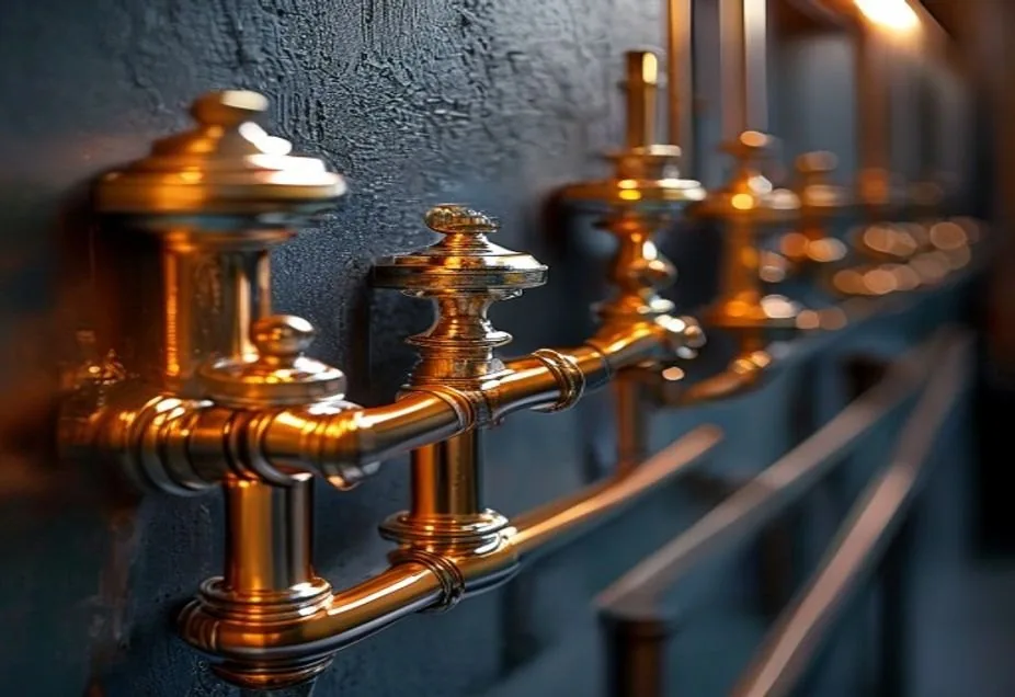 Polished copper pipes and brass valves, professional plumbing work