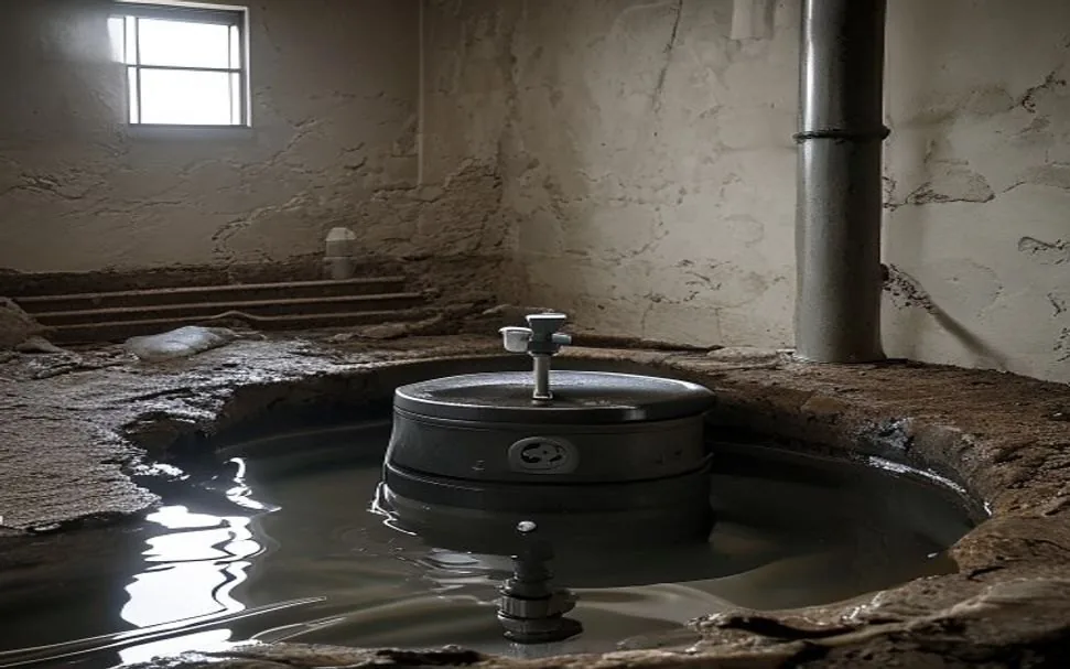 A sump pump set in its pit with the discharge line