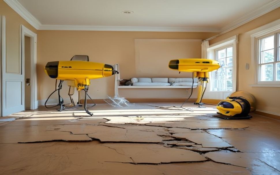 Air movers and a dehumidifier drying a room after water damage