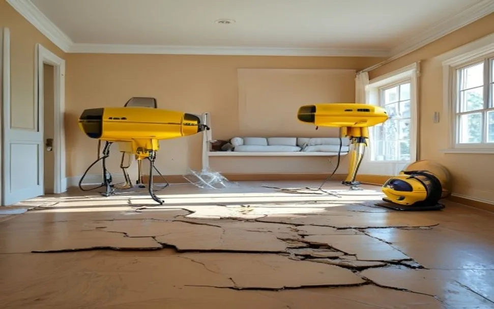 Air movers and a dehumidifier drying a room after water damage