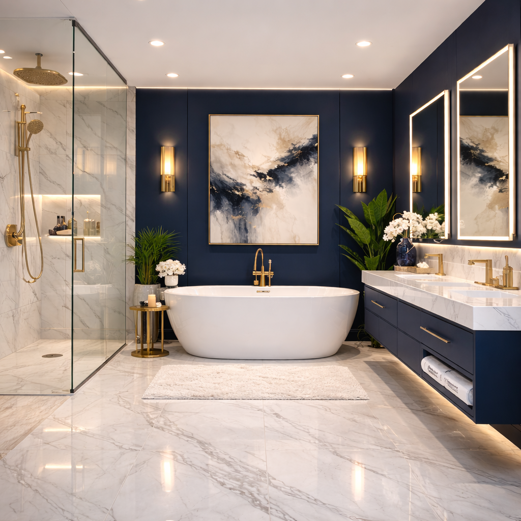 Renovated bathroom with a freestanding tub, marble and gold fixtures