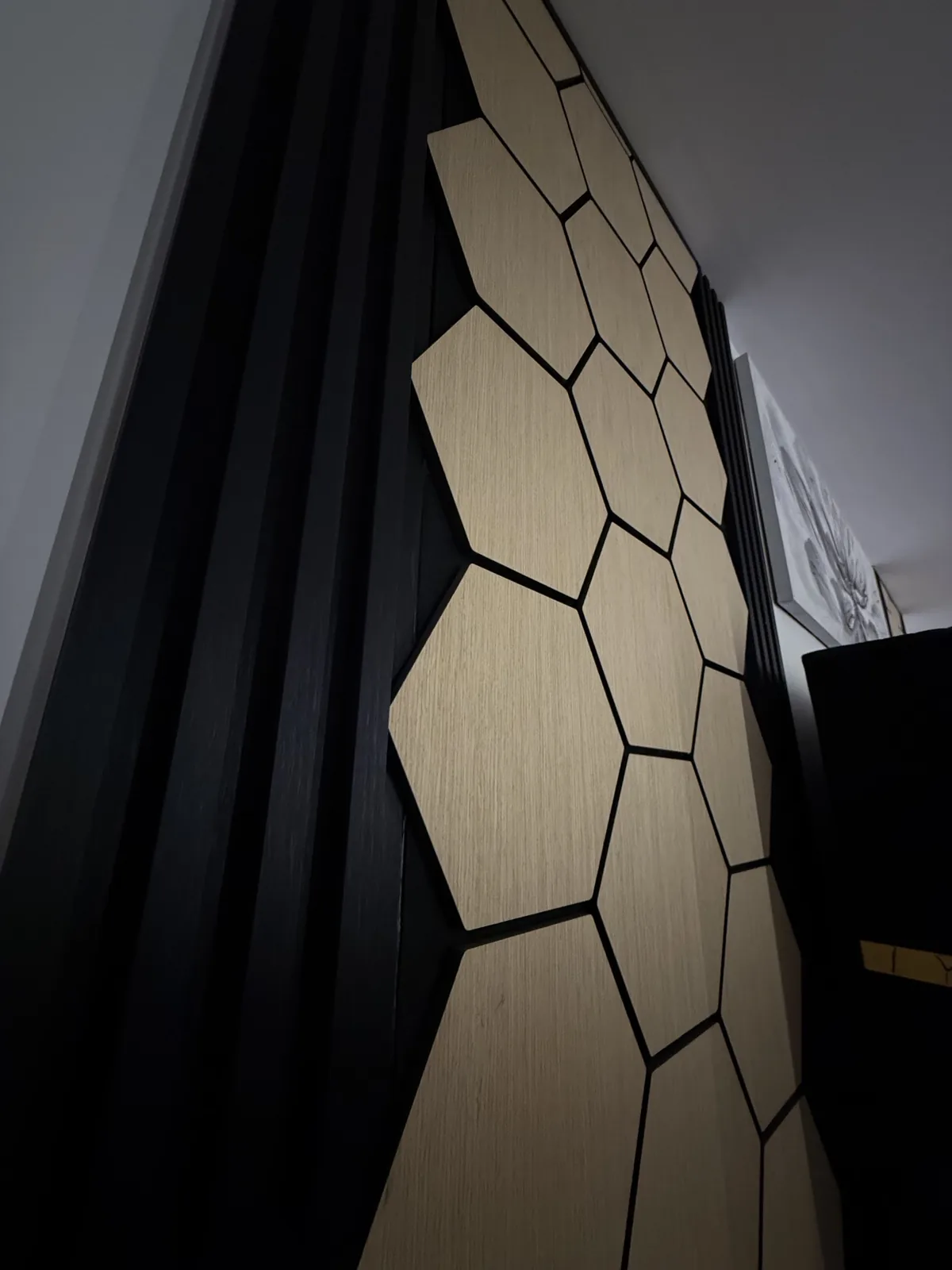 Black and gold hexagon feature wall